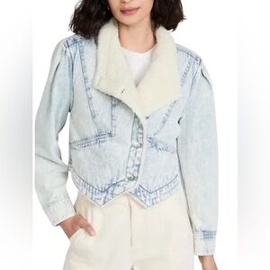 Veronica Beard Denim Light Blue Distressed Cream Faux Shearling Jacket Size XS